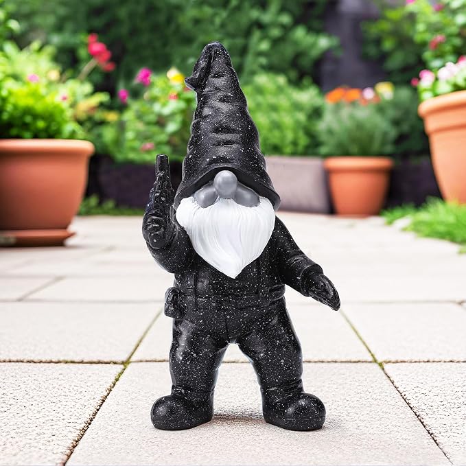 6.8" Funny Garden Gnome Statues with Gun Naughty Black Gnome Mini Gnome Figurine Patio Lawn Yard Decoration for Home Outdoor Christmas Birthday Gardening Gift