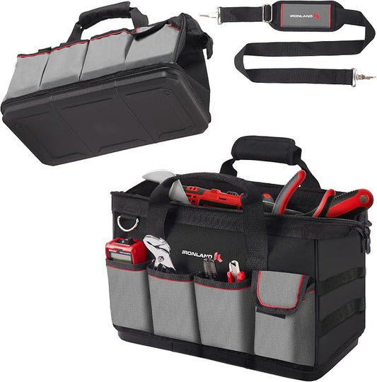 IRONLAND 16.5 Inch Hard & Sturdy Bottom Tool Bag Organizer for Men, Waterproof Heavy Duty Tool Bag with Handle & Large Zipper, Ideal for Mechanics Electrician Handyman Hvac, Great Gift for Dad