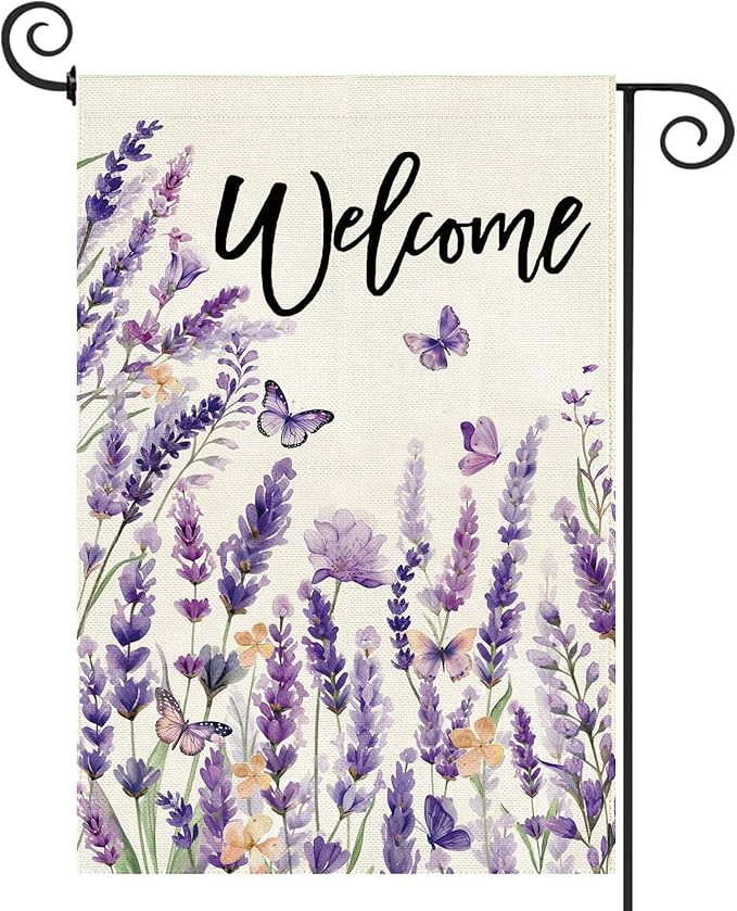 Baccessor Spring Lavender Welcome Garden Flag 12.5 x 18 Inch Double Sided Purple Floral Flower Butterfly Farmhouse Small Burlap Yard Flag Holiday Seasonal Outdoor Outside Decoration