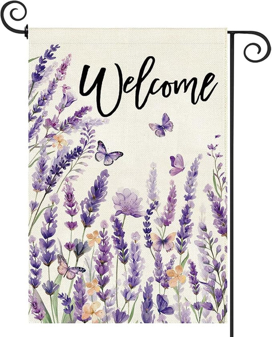 Baccessor Spring Lavender Welcome Garden Flag 12.5 x 18 Inch Double Sided Purple Floral Flower Butterfly Farmhouse Small Burlap Yard Flag Holiday Seasonal Outdoor Outside Decoration