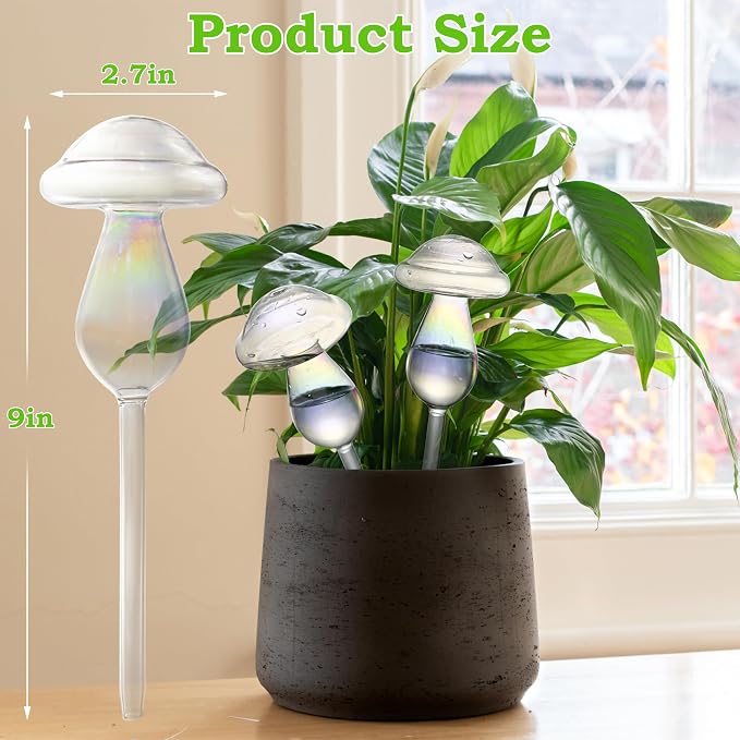 Plant Watering Globes, 4PCS Self Watering Globes Made from Hand-Blown Glass, Iridescent Glass Mushrooms Plant Self Watering Devices, Automatic Watering System for Potted Plants