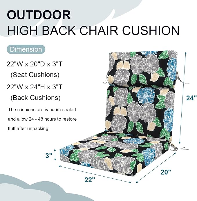 DYTXIII Outdoor High Back Chair Cushions Set of 2, 44"x22" Water Repellent Patio Seat Cushions with Elastic Sponge, All Weather Chair Pads for Rocking, Dining Chairs, Patio Furniture - Peony Garden