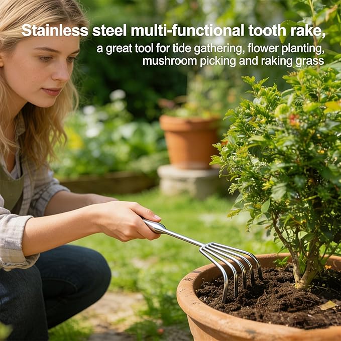 5-Tine Long-Handle Stainless Steel Small Rake – Multi-Purpose Tool for Garden Weeding, Beach Combing & Mushroom Foraging