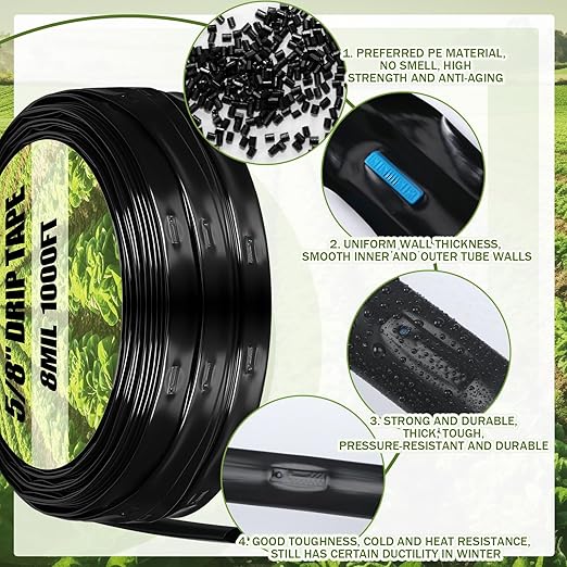 Tondiamo 250' 5/8 Inch Drip Tape Irrigation Tubing Kit 16 Mil 6" Spacing Garden Hose Watering Tube Line Automatic Equipment for Garden Irrigation System Farms, Landscape, Lawn