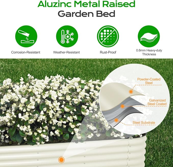 Aoodor 17" Tall Oval Galvanized Raised Garden Bed Kit, 6-in-1 Large Metal Outdoor Planter Box for Vegetables, Flowers, and Herbs, 7.5 x 2.3 x 1.5 Ft, Beige