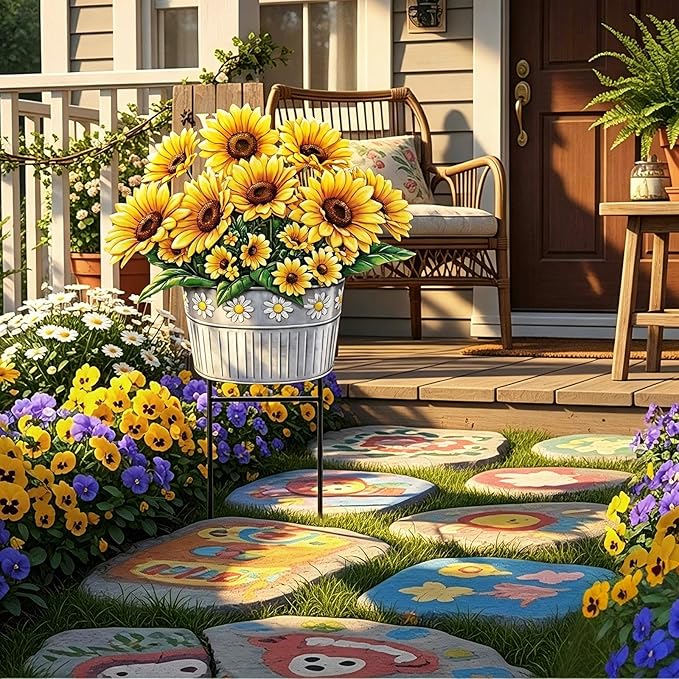 Amyhill Summer Sunflower Outdoor Decoration Metal Garden Stakes 23 Inch Sunflower Welcome Yard Sign Decoration Summer Decorative Garden Stake for Home Outside Lawn Patio Walkway Backyard Porch Decor