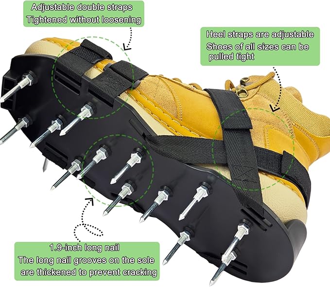 Lawn Aerator Shoes, Aerator Lawn Tool One Size Fits All for Yard Patio Lawn and Garden, Newly Upgraded X-Shaped 8-Strand Straps, Steel Spikes for Soil Aeration