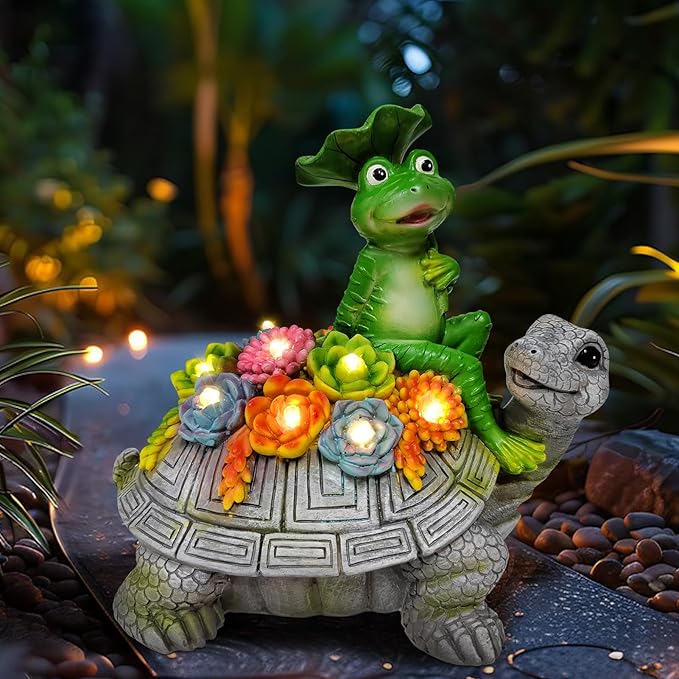 Solar Garden Outdoor Statues Turtle& Frog with Succulent and 8 LED Lights, Turtle Carrying Lotus Leaf Frog Figurines, Lawn Decorations for Patio Yard Gifts for Mom Grandma Housewarming