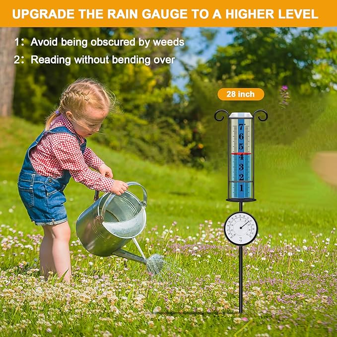 JMBay Rain Gauge Outdoor with Thermometer, Rain Gauges Outdoors Best Rated, Large Font Rain Measure Gauge for Yard, Rain Water Meter with Thickened Plastic Tube and Duralbe Metal Stake for Patio,Lawn