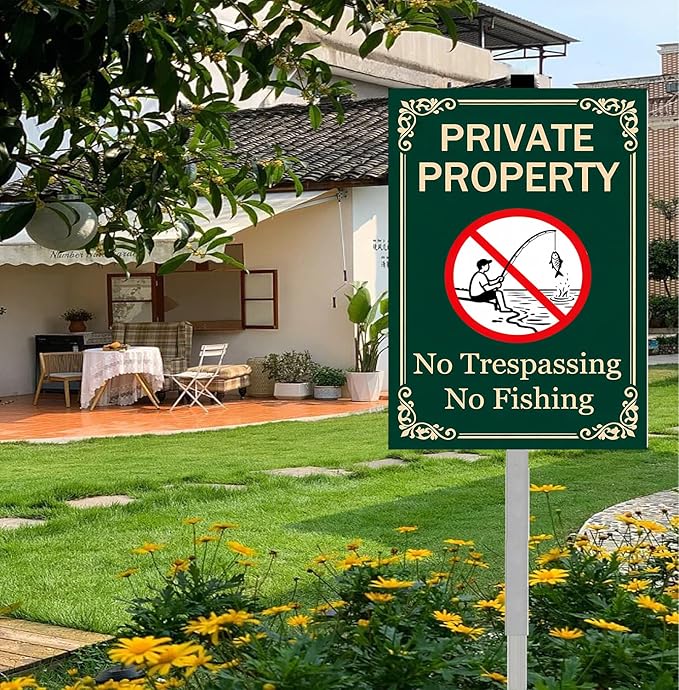 Private Property No Trespassing No Fishing Yard Sign With Stakes Do Not Fish Signs Reflective Rustproof Aluminium Pool Lake Stake Outdoor 8X12 IN