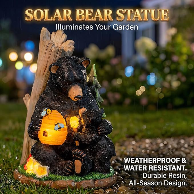 C&Y&G&X Solar Black Bear Garden Statue with Light-Up Beehive & Honey Dipper, Outdoor Resin Animal Sculpture Yard Art Decor for Patio, Lawn, Porch, and Housewarming Gift