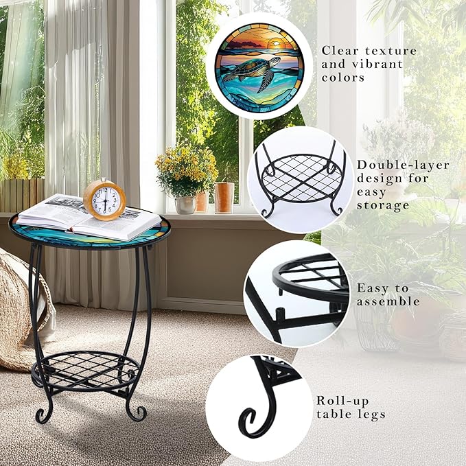 Cinnvoice Outdoor Side Table Round Small Mosaic Patio Accent Indoor End Plant Coffee Tea Table for Yard Patio Porch Garden Living Room, Bedroom(Turtle Style,18 Inch)