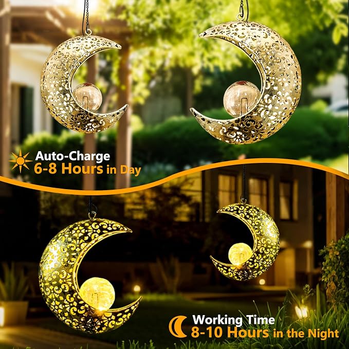 Solar Garden Hanging Moon Lights Outdoor Decor,2 Pack Metal Lanterns Art Decorations for Outside Yard Lawn Patio Wall Fences Driveway Trail,Unique Housewarming Gardening Gifts for Women Mom