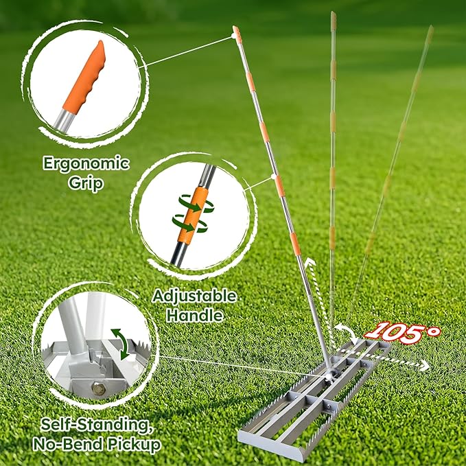 Lawn Leveling Rake, 2-in-1 Double-Sided Landscape Leveler with 20 Marking Flags for Low Spot, 48"×10” Heavy Duty Stainless Steel Flat & Serrated Side for Soil Sand Gravel, Yard Garden Golf Course