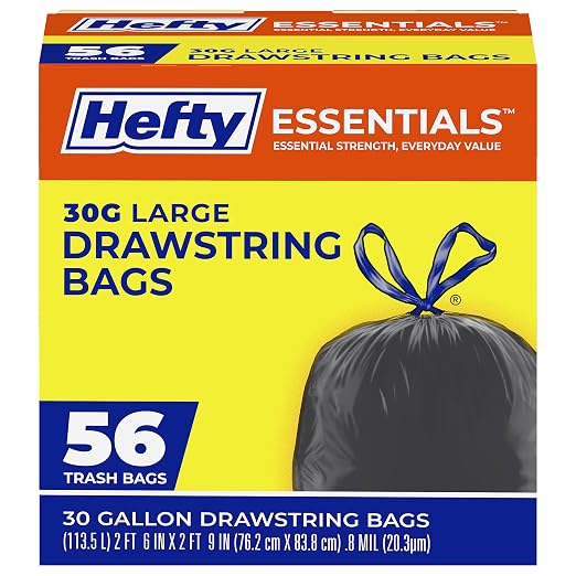 Hefty Essentials Drawstring 30 Gallon Trash Bags, 56 Count, Bulk Black Garbage Bags for Garages, Parties, Large Trash Items, and More, Scent Free, Black