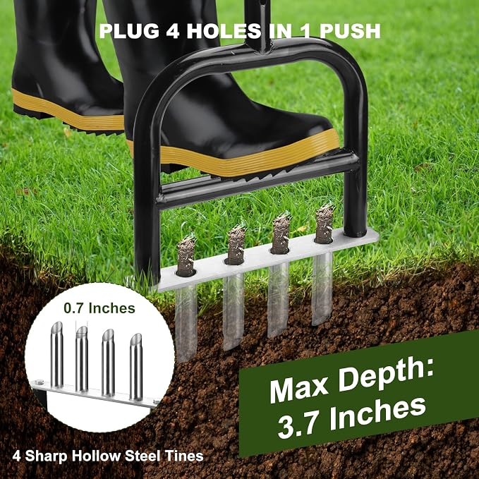 Lawn Core Aerator Tool Coring Grass Aerator Lawn Tool 4 Hollow Tines for Efficient Aeration Heavy Duty Steel Manual Plug Aerator for Lawn Care/Yard Soil Loosening/Grass Maintenance (Silvery) (Black)