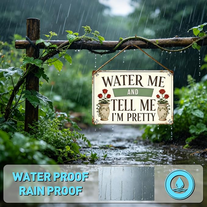 Funny Garden Signs, Vintage Garden Gift, Garden Decor for Outside, Water Me and Tell Me I'm Pretty Sign, Weatherproof Aluminum Outdoor Decor for Patio Yard Greenhouse Home, Wall Decor 12x8 Inch