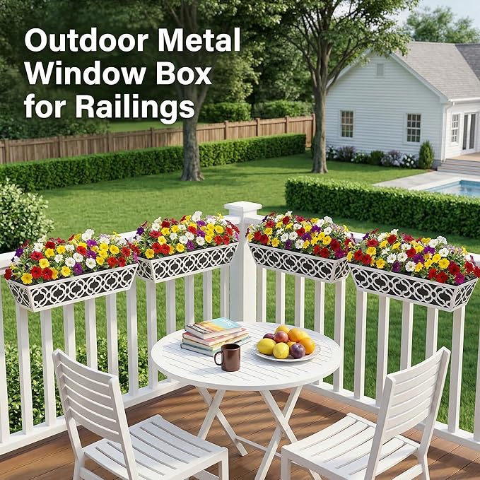 4 Pack 24 Inch Railing Planter Boxes with Adjustable Brackets & Non-Woven Liner, Deck Window Hanging Flower Box for Balcony, Fence, Patio, Outdoor Garden, Gray