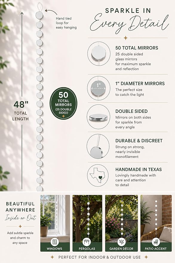 Mirror Garland Strand, Real Mirror Suncatcher, Hanging Garden Sun Catcher Mobile, Patio Decor, Window Sun Catcher, 50 Double Sided Glass Mirrors, 48 Inch Strand