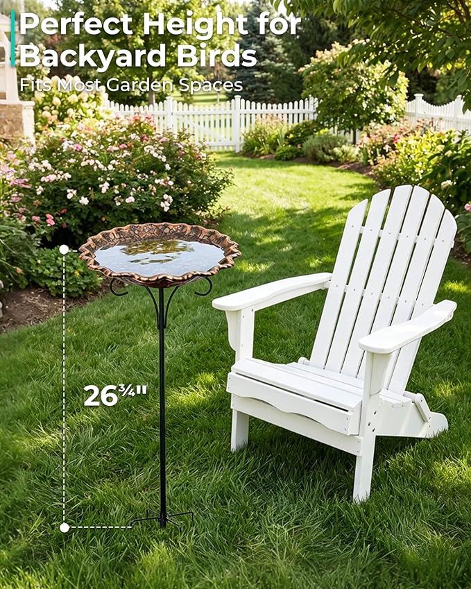Metal Bird Bath for Outside, 10" Diameter Bird Bath with Heavy Duty 5-Prong Stake Base, Freestanding Outdoor Birdbath for Garden Patio Yard Lawn Decor (Antique Copper Pebble)
