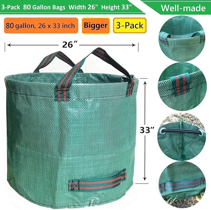 Professional 3-Pack 80 Gallon Lawn Garden Bags (D26, H33 inch) Reusable Yard Waste Bags with Gardening Gloves for Leaf Bag,Garden Pruning,Yard Debris Container,Lawn Weeds,Grass Clippings Bag 4 Handles