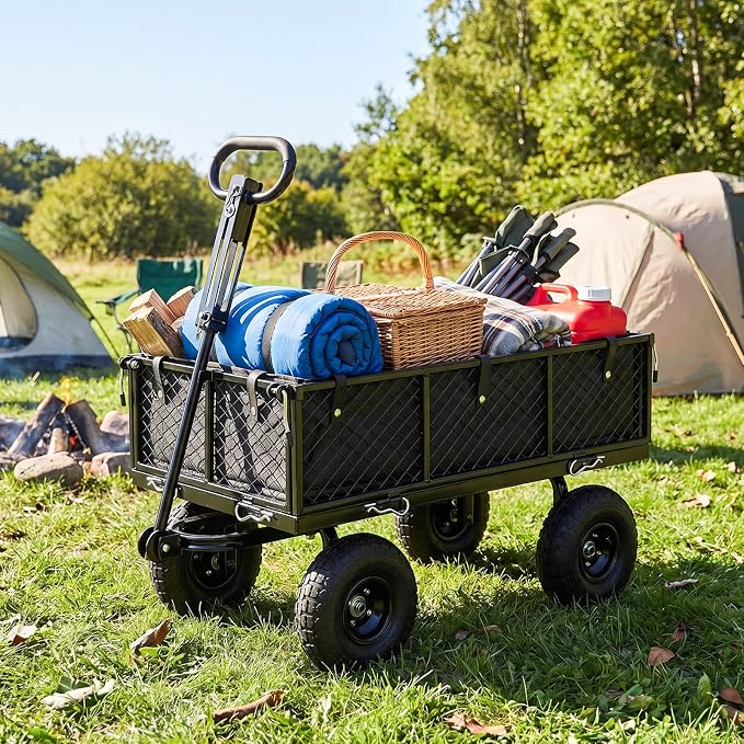 Goplus 880lbs Heavy Duty Garden Cart, Metal Utility Wagon Cart with Removable Oxford Cloth Liner & Mesh Sides, 10" Pneumatic Tires, 180° Rotating Handle for Yard, Lawn