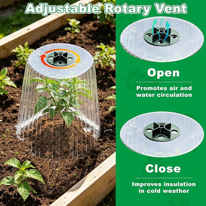 30 Pack Garden Cloches for Plants, Reusable Plant Covers with Adjustable Rotary Vent, Frost Protection, Protect from Animals Snails Birds Insects, Mini Greenhouse, 9.44" H x 7.48" D