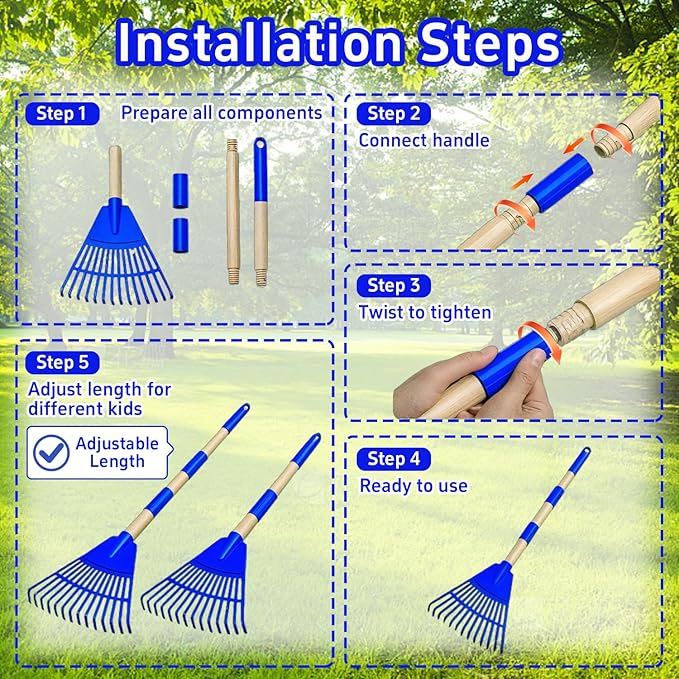 2 Pack Kids Adjustable Leaf Rake Set – 28" to 34" with Detachable Wooden Handles, Lightweight Plastic Head, Designed for Kids, Includes 2 Pairs of Gloves & Leaf Bag (Red/Blue)