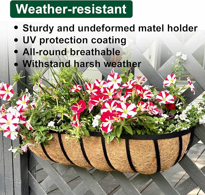 DUNCHATY 24 Inch Railing Planter 4 Pack - Adjustable Metal Window Box Planter with Coco Liner for Deck Balcony Porch Fence - Outdoor Hanging Flower Basket for Herbs & Flowers