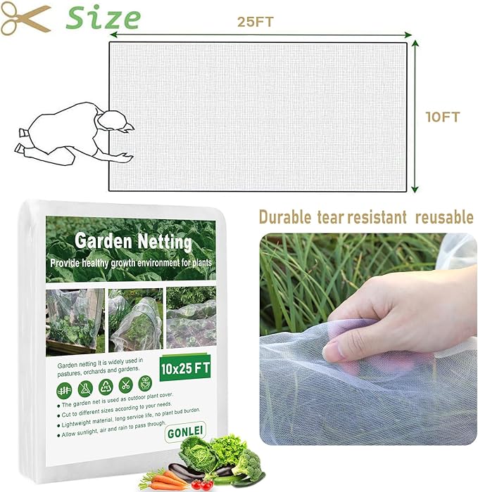 GonLei Garden Netting 10 X 25 FT Ultra Fine Netting for Garden Protection,Garden Netting for Raised Beds,Mosquito Net for Blueberry Shrubs Vegetables Fruits Flowers Crops Pest Barrier