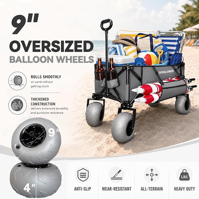 X800 Heavy Duty Beach Wagon with 9x4 Balloon Wheels – 200L Foldable Wagon Cart, 41" Collapsible Utility Wagon with Side Bag for Beach Essentials, Sports, Camping & Outdoor (Charcoal Gray)