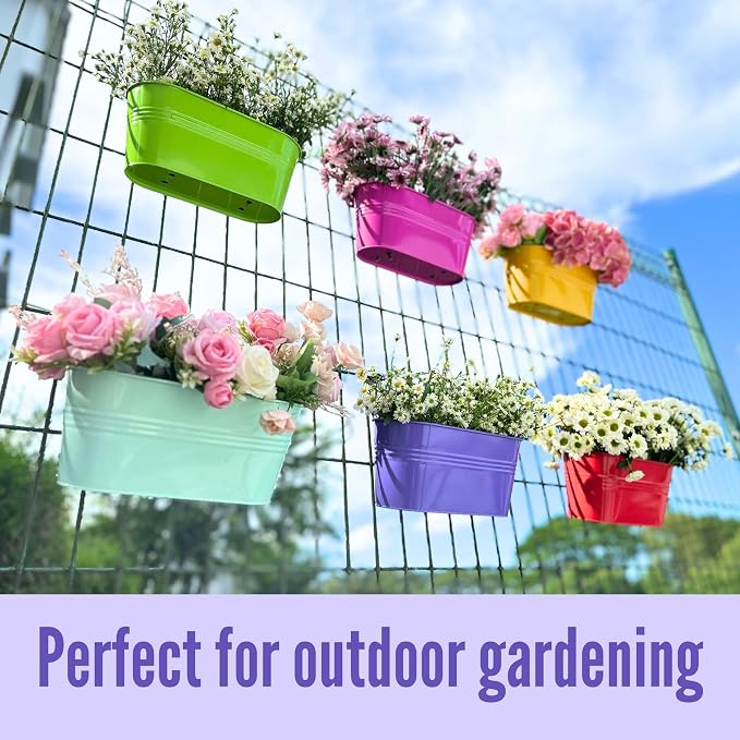 LaLaGreen Rail Planter (11.8 Inch, 6 Pack) Colorful Hanging Flower Railing Fence Balcony Gardening for Apartment Patio Planters Modern Garden Style Metal Iron Outdoor Deck Decoration Porch Decor Pots