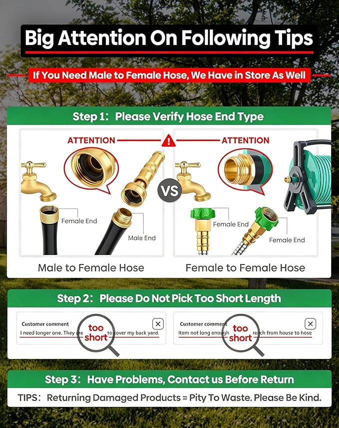 Short Metal Garden Hose 15ft with Female to Female Connector, Stainless Steel Small Leader Hose for Hose Reel, Long, Flexible, Lightweight & Heavy Duty Water Pipe, Outdoor Water Hose Extension Adapter