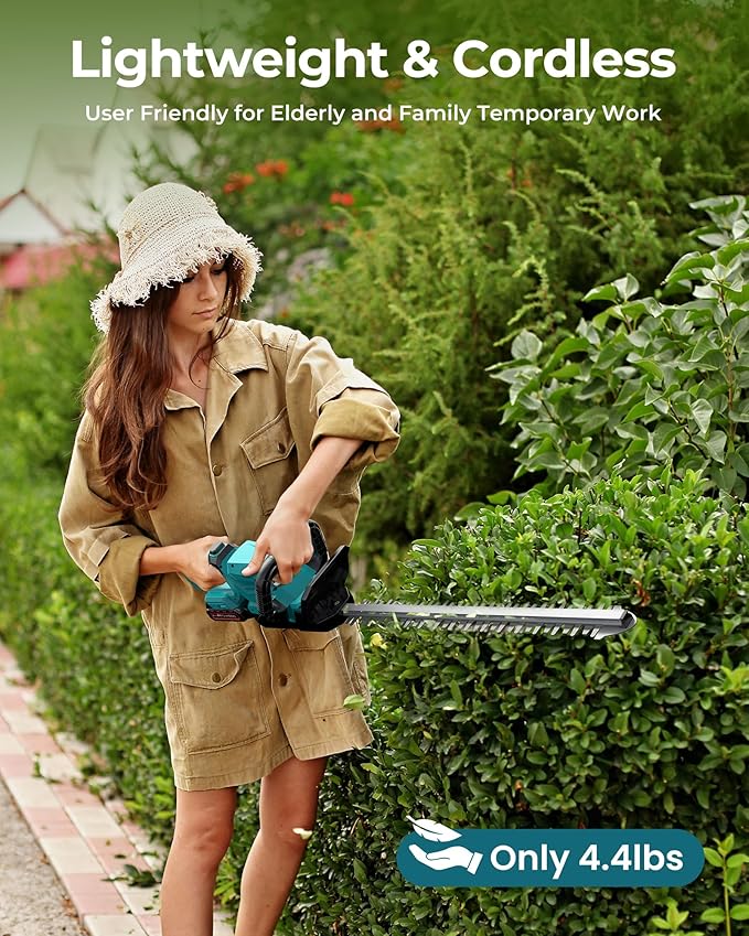 20'' Hedge Trimmers Cordless with Battery, 3000RPM Brushless Electric Bush Clipper with 2pcs 2000mAh Rechargeable Batteries, 180° Rotatable Head, 2/3'' Blade Gap Blue,Gifts for Father’s Day