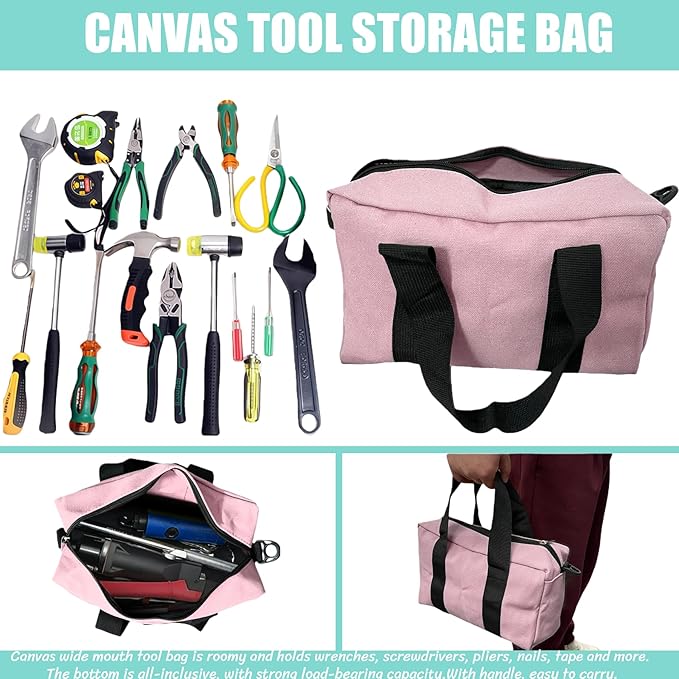 BLIRITEL 18 Inch Wide Mouth Tool Bag, Heavy Duty Canvas Tool Storage Bag, Large Capacity Handbag, Multi-function Tool Organizer Tote Bag for Storage Wrenches Pliers (Pink, 18 Inch)