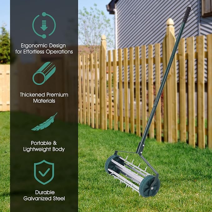 Hysache Rolling Lawn Aerator, 18" Rotary Push Tine Spike Soil Lawn Aerator Gardening Tool with 3-Piece Long Steel Handle for Garden Yard Grass Maintenance, Green