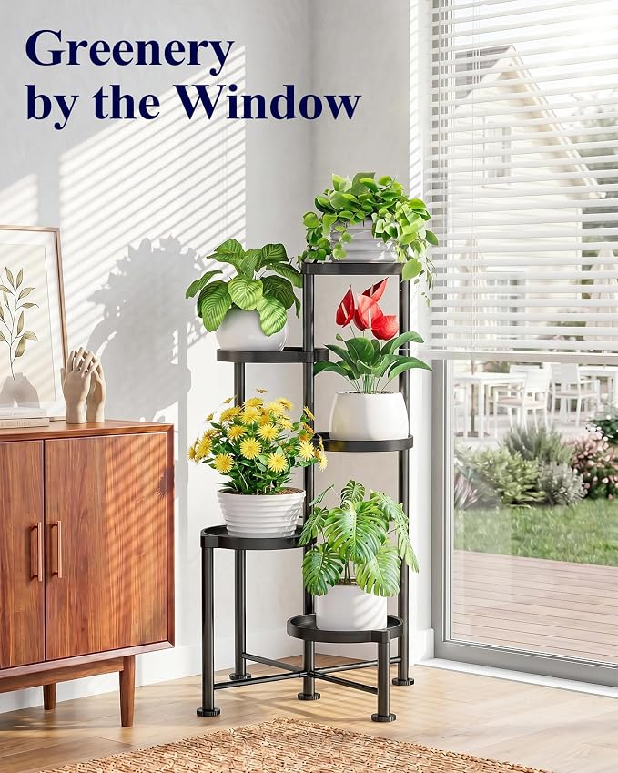Kitsure Plant Stand Indoor & Outdoor - 5-Tier Plant Shelf with Deep Trays & Leveling Feet, Easy Assembly, Space-Saving Tiered Plant Stand for Bedroom, Living Room, Porch, Black