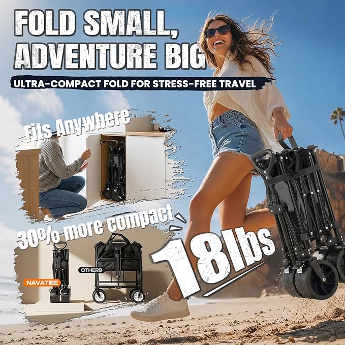 Navatiee 330Lbs Collapsible Folding Wagon, Beach Wagon Cart Heavy Duty Foldable with Big Wheels, Utility Grocery Wagon with 165L Large Capacity for Camping Garden Sports, Gray