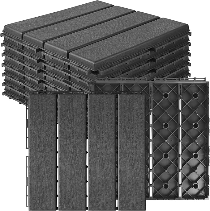 MYFAMIREA 9 Pcs Plastic Interlocking Deck Tiles 12" L x 12" W Patio Floor Decking Tiles Indoor Outdoor Waterproof Non-Slip Flooring Tile All Weather Use for Balcony Backyard Porch Poolside, Dark Grey