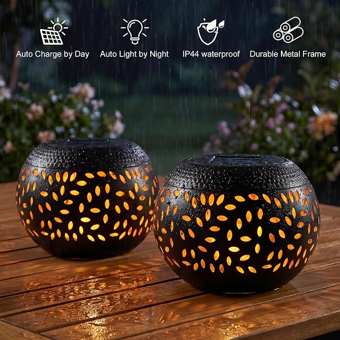 Solar Table Lantern Outdoor Waterproof-Dancing Flickering Flame Solar Powered LED Light,Black Metal Desktop Decorative Lamp for Gifts for Women Mom Desk Patio Garden Yard Decor