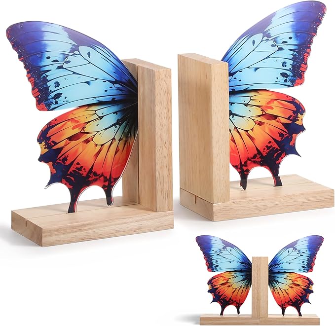 Decorative Butterfly Bookends Wooden Acrylic Butterflys Bookend Modern Bookshelf Decor Accent Book Stopper Decor for Home Farmhouse Shelves Office Lover Gift(Aglais Butterfly)