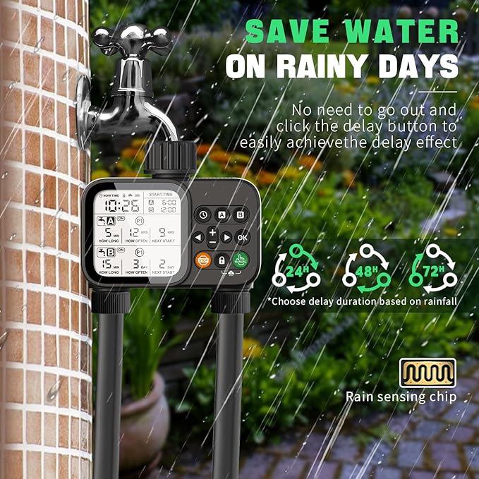 Sprinkler Timer for Garden Hose with Auto Rain Delay, 2 Zone Water Timer with 3.3“ Large LCD, IP54 Waterproof Drip Irrigation System Watering Timers for Plant, Yard, Lawns, Outdoor