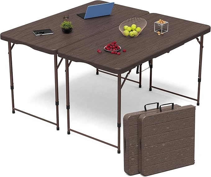 VSOAEIL Set of 2 Folding Table 4 Foot for Indoor Outdoor, Portable Heavy Duty Fold-in-Half Utility Small Plastic Adjustable Height Folding with Carrying Handle for Picnic and Party, 2 Pack Brown
