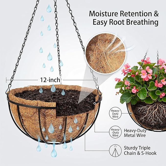 Kingbuy 12" Metal Hanging Basket for Herbs & Flowers – 6" Depth Rust-Resistant Wire with Coconut Liner & Adjustable Chains for Kitchen Window, Balcony & Garden - 1 Pack