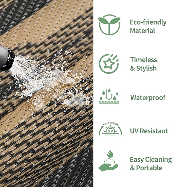 GENIMO Outdoor Rug for Patio Clearance, 6'x9' Reversible Geometric Plastic Straw Rugs, Lightweight Waterproof RV Camping Mat for Camper, Balcony, Deck, Backyard, Picnic, Black Brown