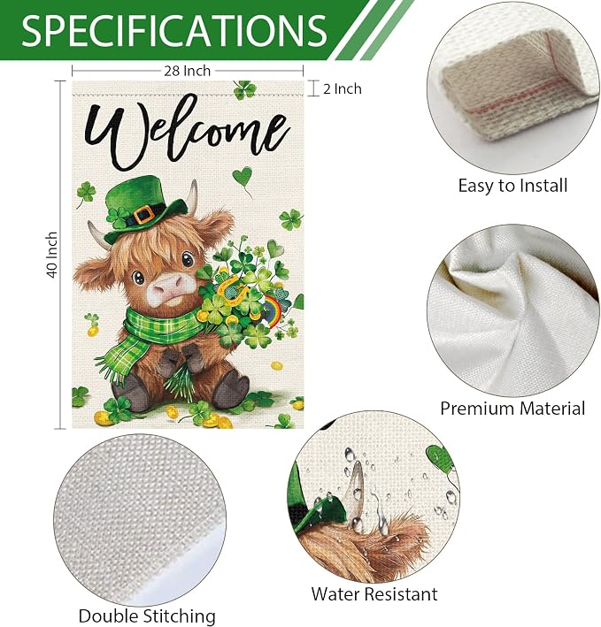 Heyfibro Welcome St. Patrick's Day Garden Flag 28x40 Double Sided Burlap, Highland Cow with Shamrock Bouquet & Green Plaid Scarf Yard Flag for Spring Seasonal Irish Farmhouse Outdoor Decor(ONLY FLAG)