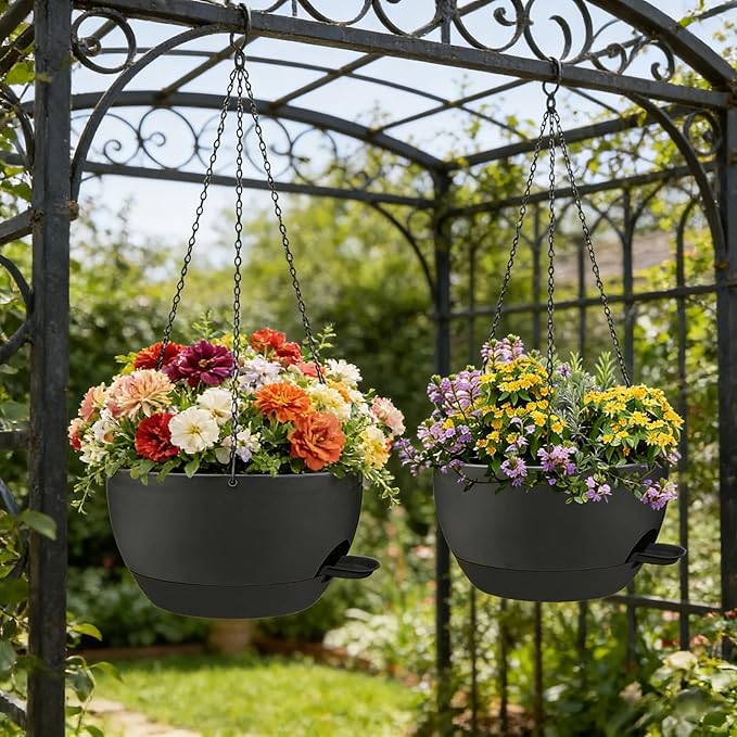 2 Pack 12" Self Watering Hanging Planters, Black with Chains | Plastic hanging baskets with 43 Oz removable reservoir, for indoor outdoor plants, patio porch garden balcony decor