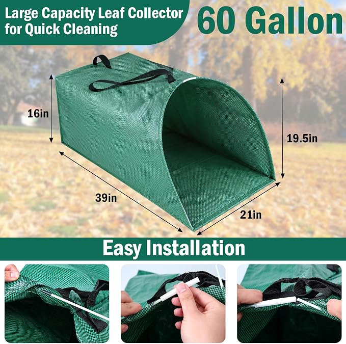 2 Pack 60 Gallon Leaf Collector,Collapsible Lawn & Leaf Bag,Heavy Leaves Pick up Tool Reusable Yard Waste Bags,Large Yard Dustpan Type Garden Bag for Leaves,Debris,Grass,Clippings,Lawn Trash