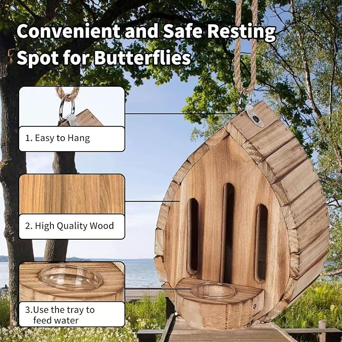Butterfly House Wooden Habitat with Feeder, Natural Wood, Hanging Garden Decoration, Nesting Box for Butterflies, Bugs, Moths and Lacewings