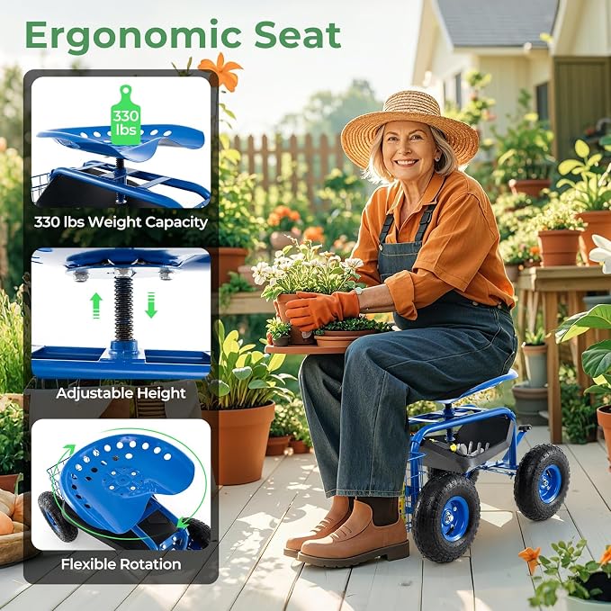 IRONMAX Garden Cart with Seat, Gardening Rolling Stool Scooter with 10’’ All-Terrain Wheels, Convenient Pull Handle & Tool Tray and Basket for Outdoor Planting (Blue)